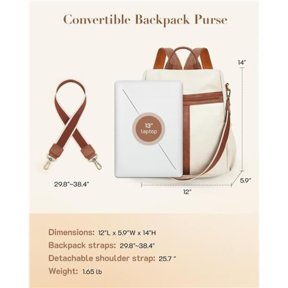 PU Leather Anti-theft Backpack, White Brown - Picture 4 of 6